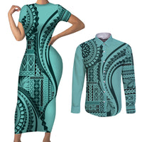 Samoa Siapo Arty Couples Matching Short Sleeve Bodycon Dress and Long Sleeve Button Shirt Turquoise Style LT9 - Wonder Print Shop