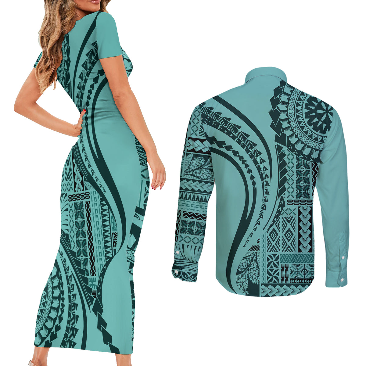 Samoa Siapo Arty Couples Matching Short Sleeve Bodycon Dress and Long Sleeve Button Shirt Turquoise Style LT9 - Wonder Print Shop