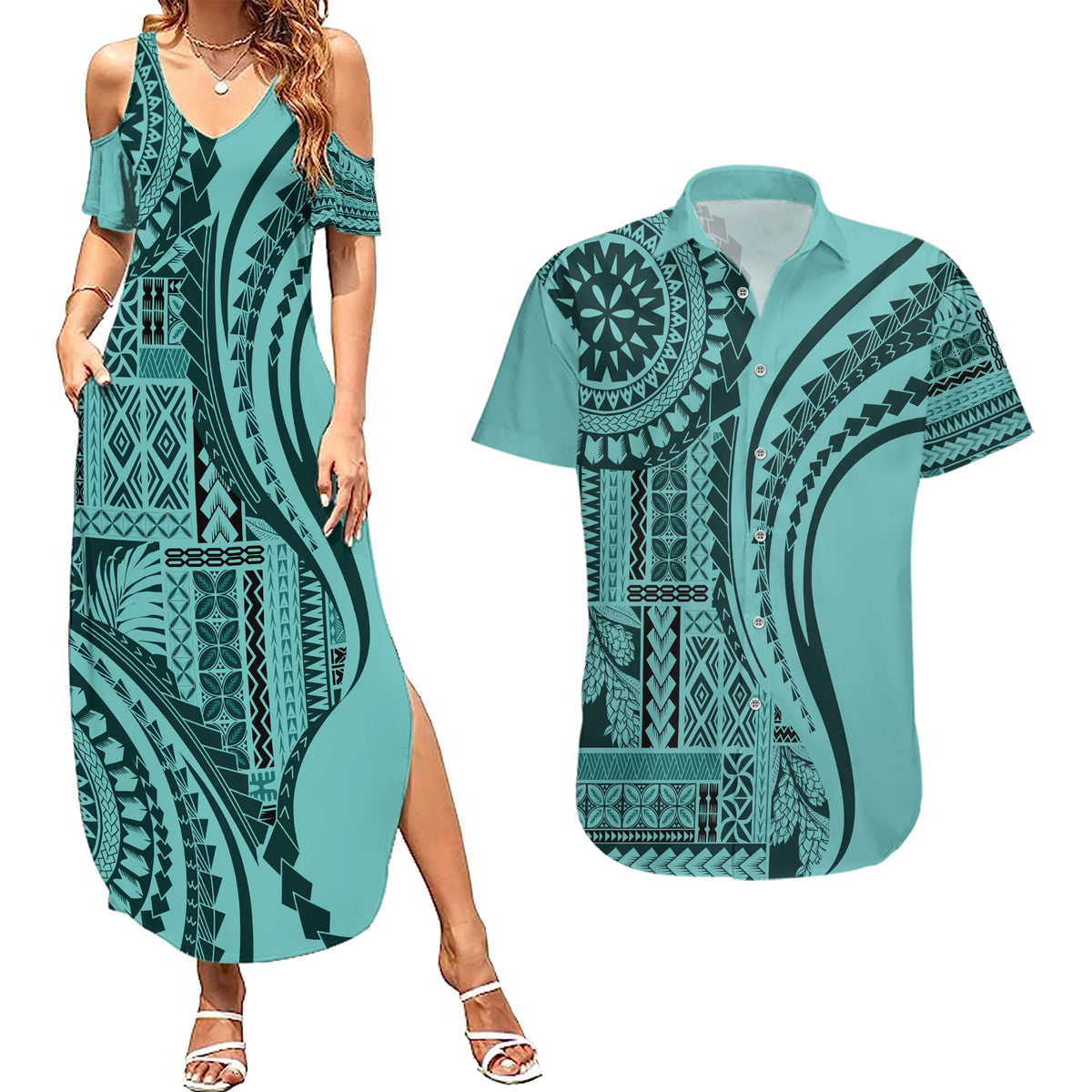 Samoa Siapo Arty Couples Matching Summer Maxi Dress and Hawaiian Shirt Turquoise Style LT9 - Wonder Print Shop