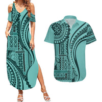 Samoa Siapo Arty Couples Matching Summer Maxi Dress and Hawaiian Shirt Turquoise Style LT9 - Wonder Print Shop