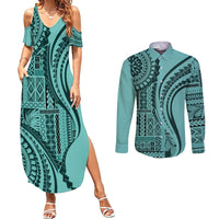 Samoa Siapo Arty Couples Matching Summer Maxi Dress and Long Sleeve Button Shirt Turquoise Style LT9 - Wonder Print Shop