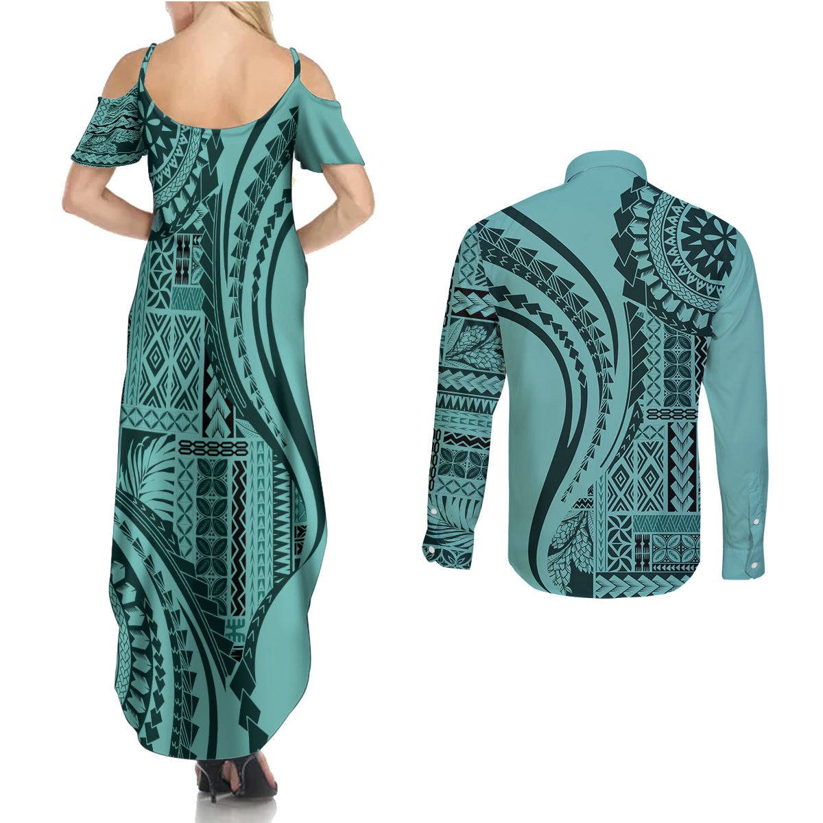Samoa Siapo Arty Couples Matching Summer Maxi Dress and Long Sleeve Button Shirt Turquoise Style LT9 - Wonder Print Shop