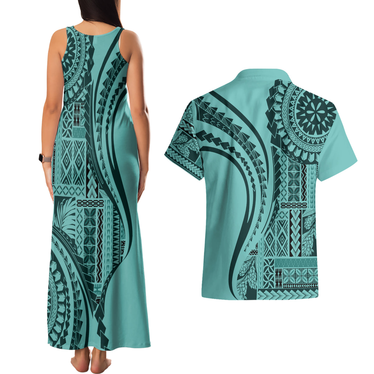 Samoa Siapo Arty Couples Matching Tank Maxi Dress and Hawaiian Shirt Turquoise Style LT9 - Wonder Print Shop
