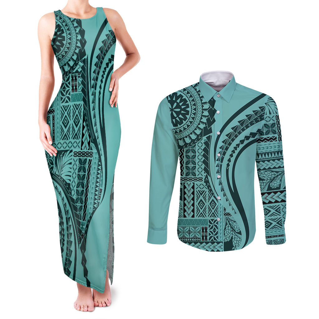 Samoa Siapo Arty Couples Matching Tank Maxi Dress and Long Sleeve Button Shirt Turquoise Style LT9 - Wonder Print Shop
