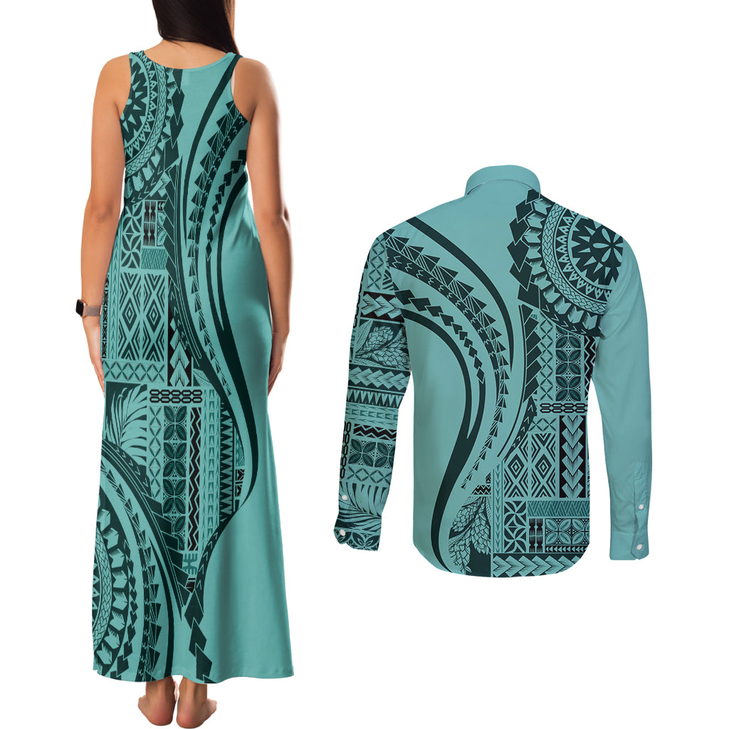 Samoa Siapo Arty Couples Matching Tank Maxi Dress and Long Sleeve Button Shirt Turquoise Style LT9 - Wonder Print Shop