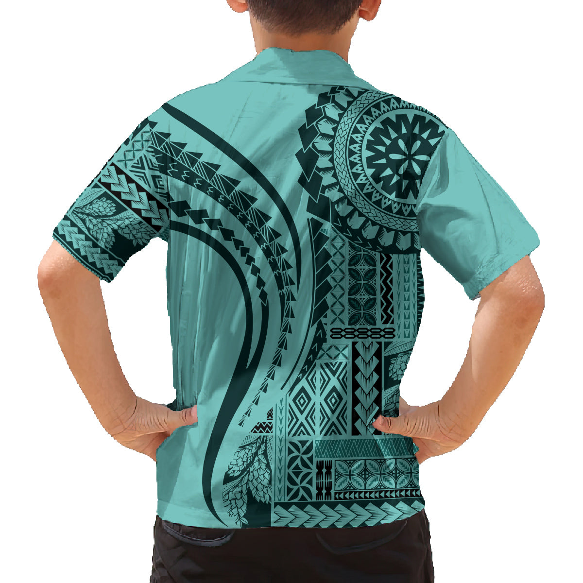 Samoa Siapo Arty Family Matching Long Sleeve Bodycon Dress and Hawaiian Shirt Turquoise Style LT9 - Wonder Print Shop