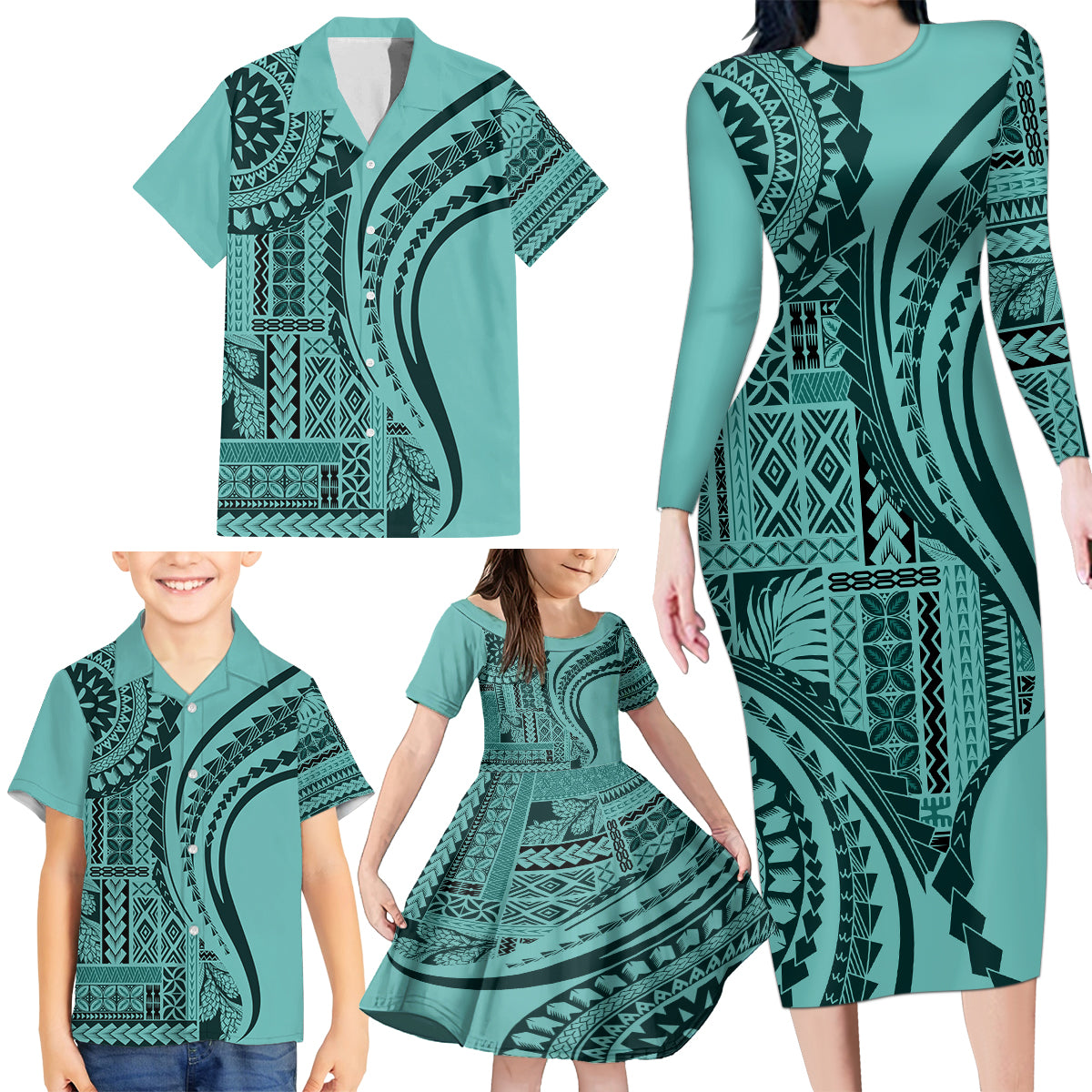 Samoa Siapo Arty Family Matching Long Sleeve Bodycon Dress and Hawaiian Shirt Turquoise Style LT9 - Wonder Print Shop