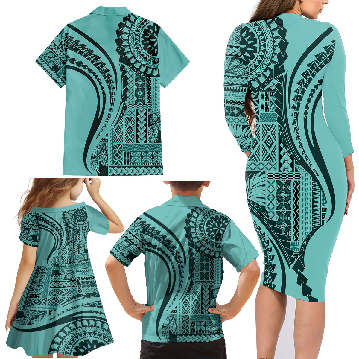 Samoa Siapo Arty Family Matching Long Sleeve Bodycon Dress and Hawaiian Shirt Turquoise Style LT9 - Wonder Print Shop