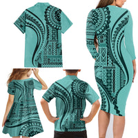 Samoa Siapo Arty Family Matching Long Sleeve Bodycon Dress and Hawaiian Shirt Turquoise Style LT9 - Wonder Print Shop