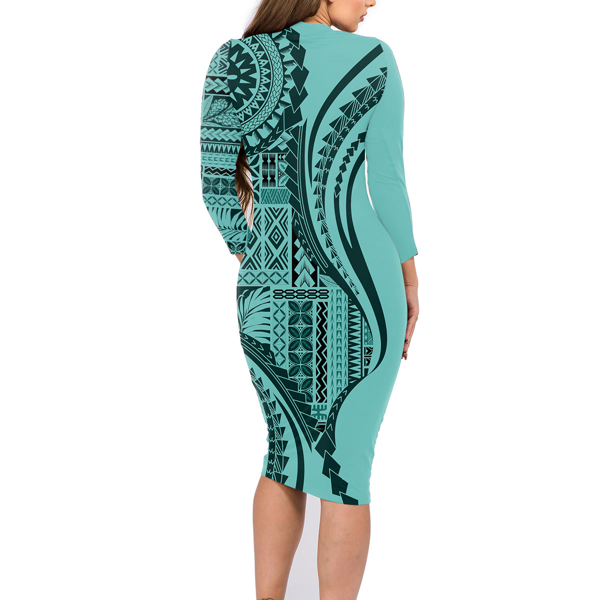 Samoa Siapo Arty Family Matching Long Sleeve Bodycon Dress and Hawaiian Shirt Turquoise Style LT9 - Wonder Print Shop