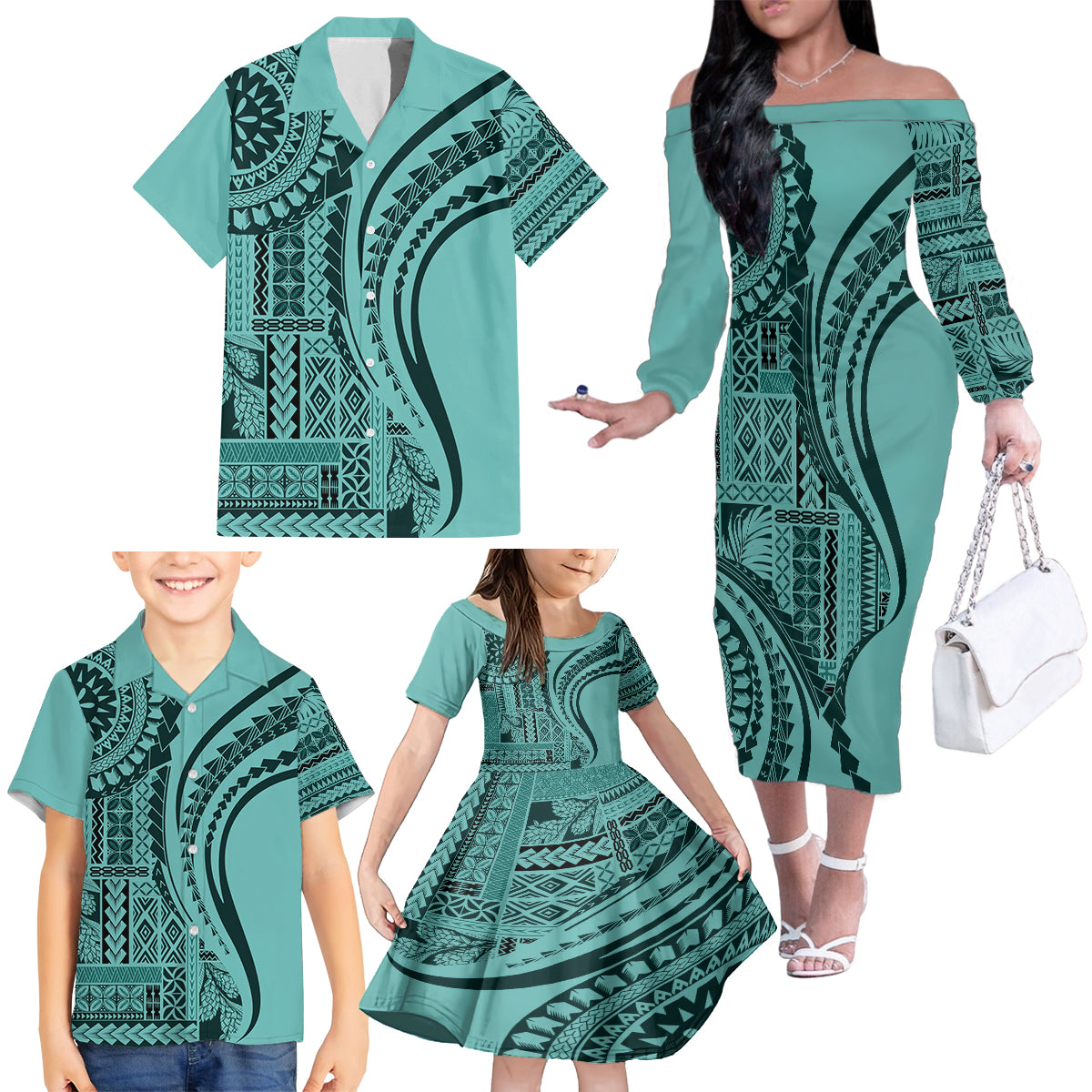 Samoa Siapo Arty Family Matching Off Shoulder Long Sleeve Dress and Hawaiian Shirt Turquoise Style - Wonder Print Shop