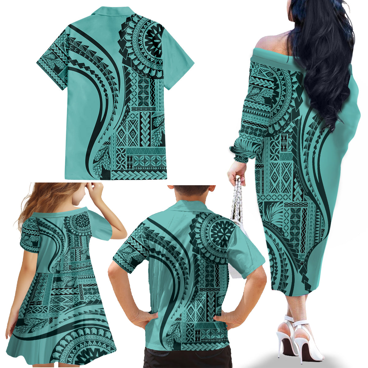 Samoa Siapo Arty Family Matching Off Shoulder Long Sleeve Dress and Hawaiian Shirt Turquoise Style - Wonder Print Shop