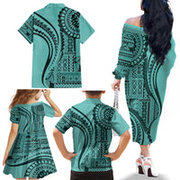 Samoa Siapo Arty Family Matching Off Shoulder Long Sleeve Dress and Hawaiian Shirt Turquoise Style - Wonder Print Shop