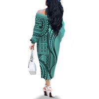 Samoa Siapo Arty Family Matching Off Shoulder Long Sleeve Dress and Hawaiian Shirt Turquoise Style - Wonder Print Shop