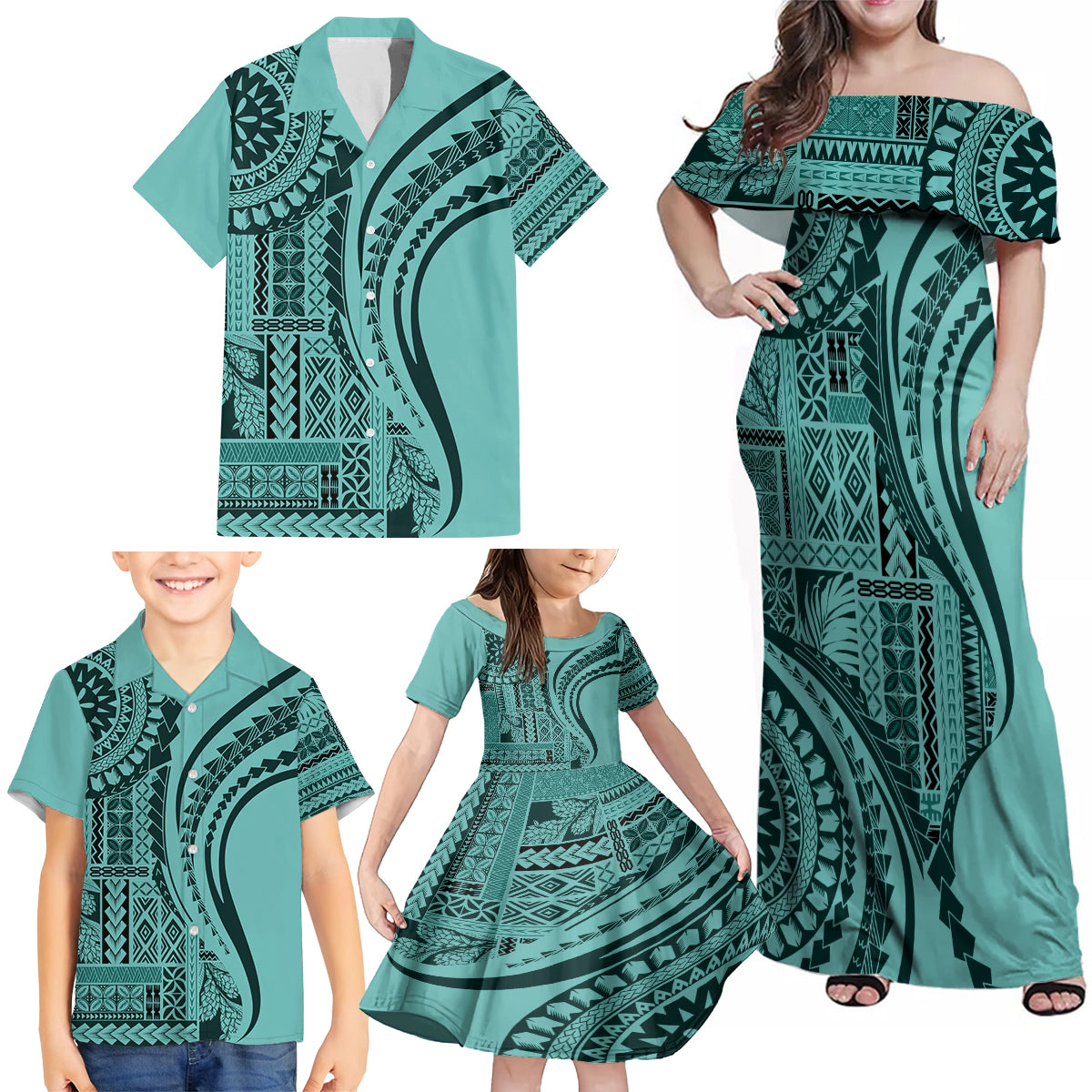 Samoa Siapo Arty Family Matching Off Shoulder Maxi Dress and Hawaiian Shirt Turquoise Style LT9 - Wonder Print Shop