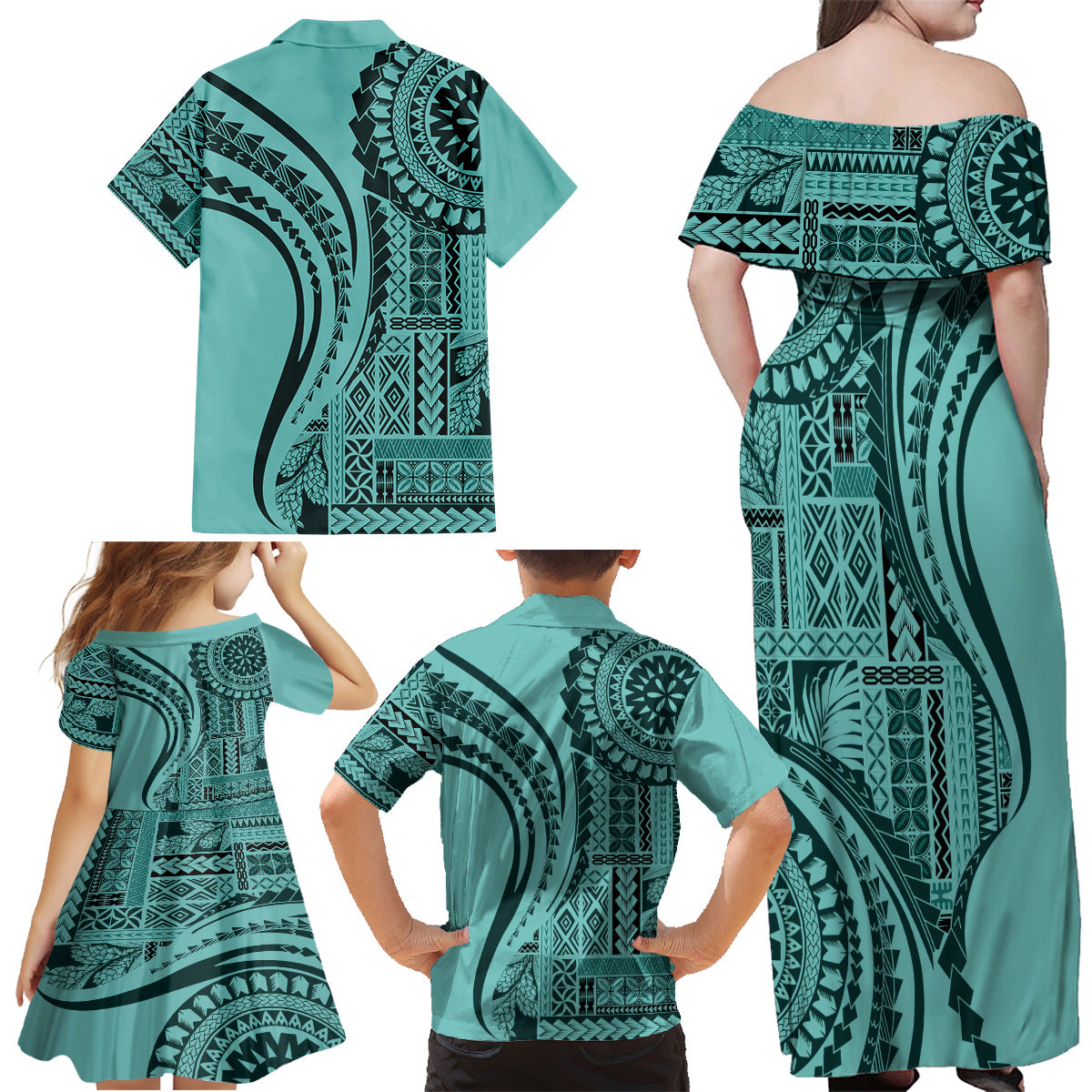 Samoa Siapo Arty Family Matching Off Shoulder Maxi Dress and Hawaiian Shirt Turquoise Style LT9 - Wonder Print Shop
