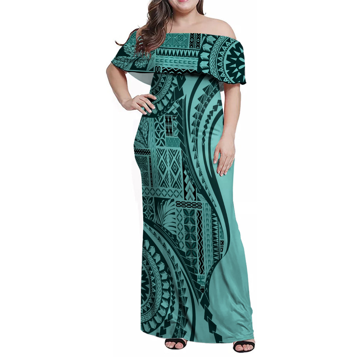 Samoa Siapo Arty Family Matching Off Shoulder Maxi Dress and Hawaiian Shirt Turquoise Style LT9 - Wonder Print Shop