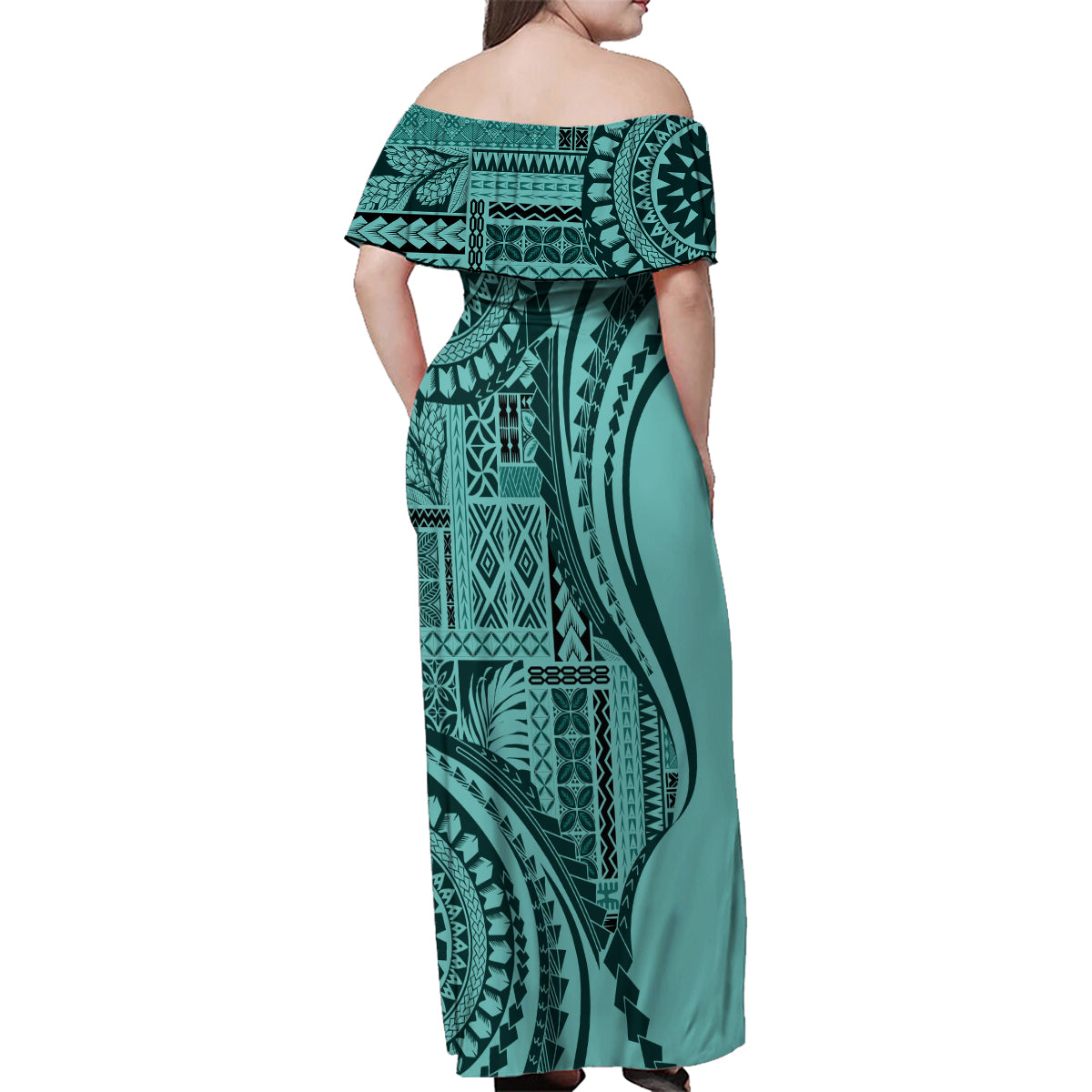 Samoa Siapo Arty Family Matching Off Shoulder Maxi Dress and Hawaiian Shirt Turquoise Style LT9 - Wonder Print Shop