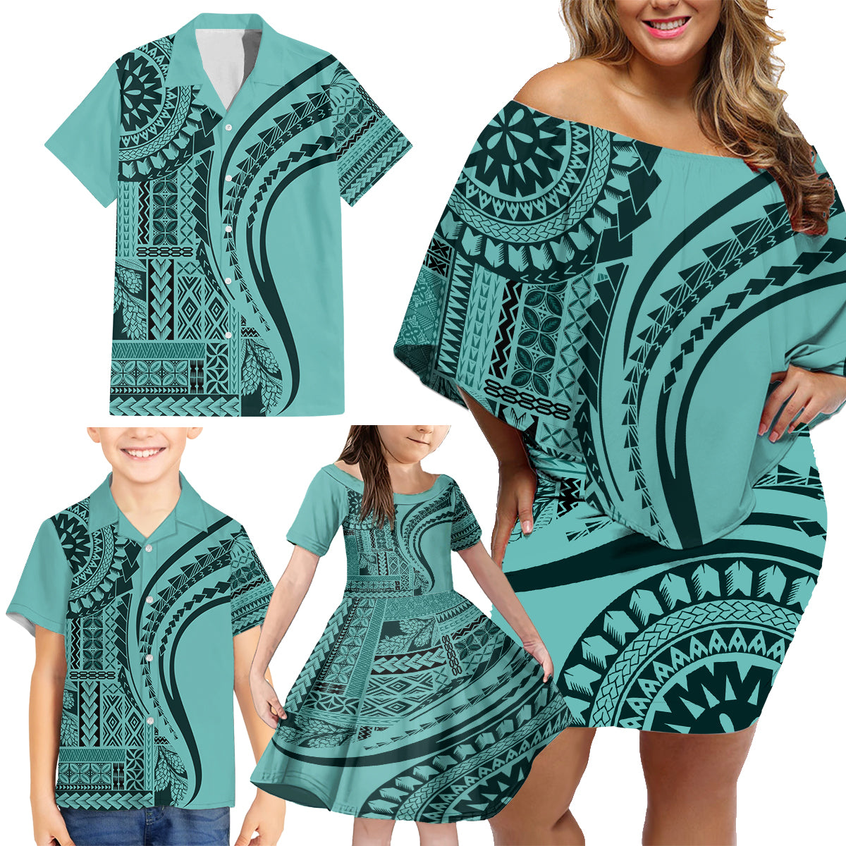 Samoa Siapo Arty Family Matching Off Shoulder Short Dress and Hawaiian Shirt Turquoise Style LT9 - Wonder Print Shop