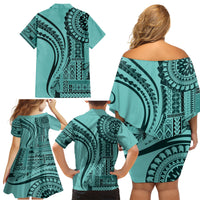 Samoa Siapo Arty Family Matching Off Shoulder Short Dress and Hawaiian Shirt Turquoise Style LT9 - Wonder Print Shop