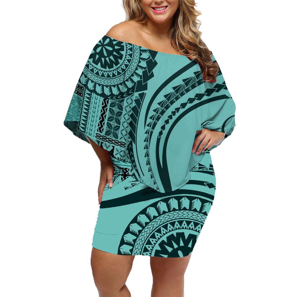 Samoa Siapo Arty Family Matching Off Shoulder Short Dress and Hawaiian Shirt Turquoise Style LT9 - Wonder Print Shop