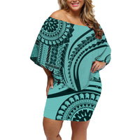 Samoa Siapo Arty Family Matching Off Shoulder Short Dress and Hawaiian Shirt Turquoise Style LT9 - Wonder Print Shop