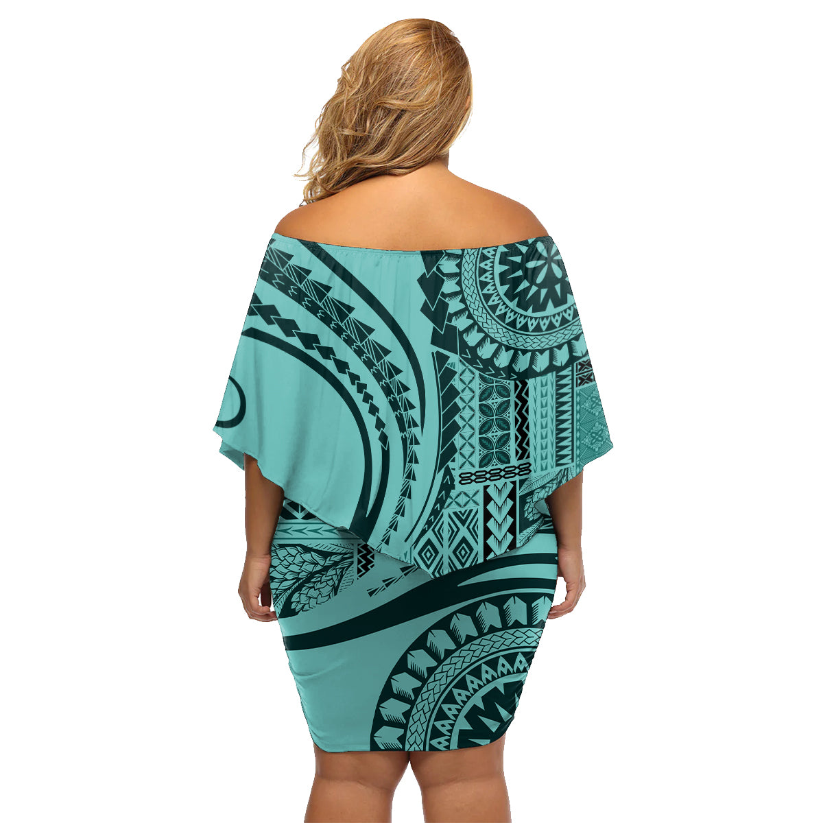 Samoa Siapo Arty Family Matching Off Shoulder Short Dress and Hawaiian Shirt Turquoise Style LT9 - Wonder Print Shop