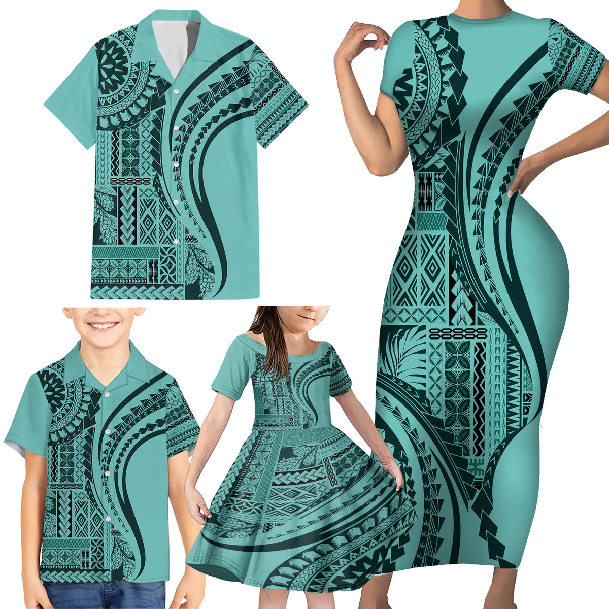 Samoa Siapo Arty Family Matching Short Sleeve Bodycon Dress and Hawaiian Shirt Turquoise Style - Wonder Print Shop