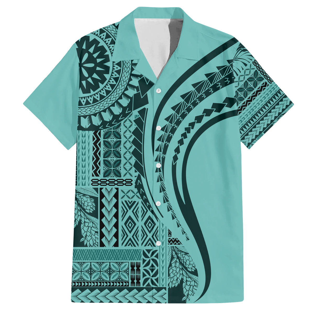 Samoa Siapo Arty Family Matching Short Sleeve Bodycon Dress and Hawaiian Shirt Turquoise Style - Wonder Print Shop
