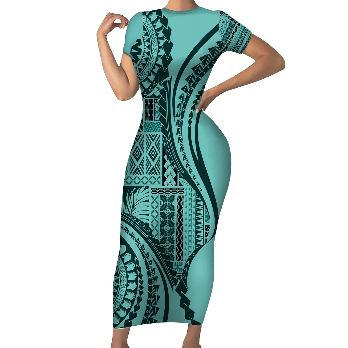 Samoa Siapo Arty Family Matching Short Sleeve Bodycon Dress and Hawaiian Shirt Turquoise Style - Wonder Print Shop