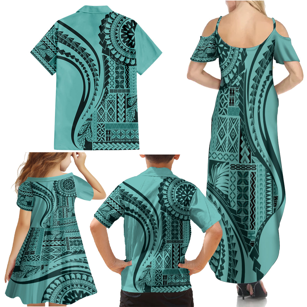 Samoa Siapo Arty Family Matching Summer Maxi Dress and Hawaiian Shirt Turquoise Style - Wonder Print Shop