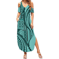 Samoa Siapo Arty Family Matching Summer Maxi Dress and Hawaiian Shirt Turquoise Style - Wonder Print Shop
