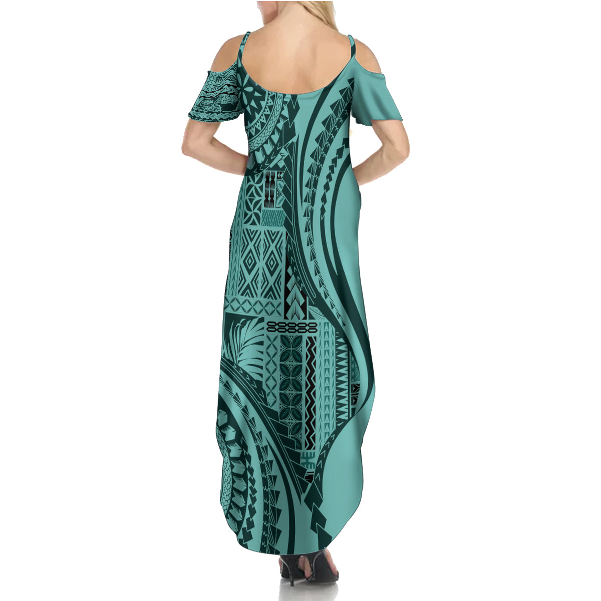 Samoa Siapo Arty Family Matching Summer Maxi Dress and Hawaiian Shirt Turquoise Style - Wonder Print Shop
