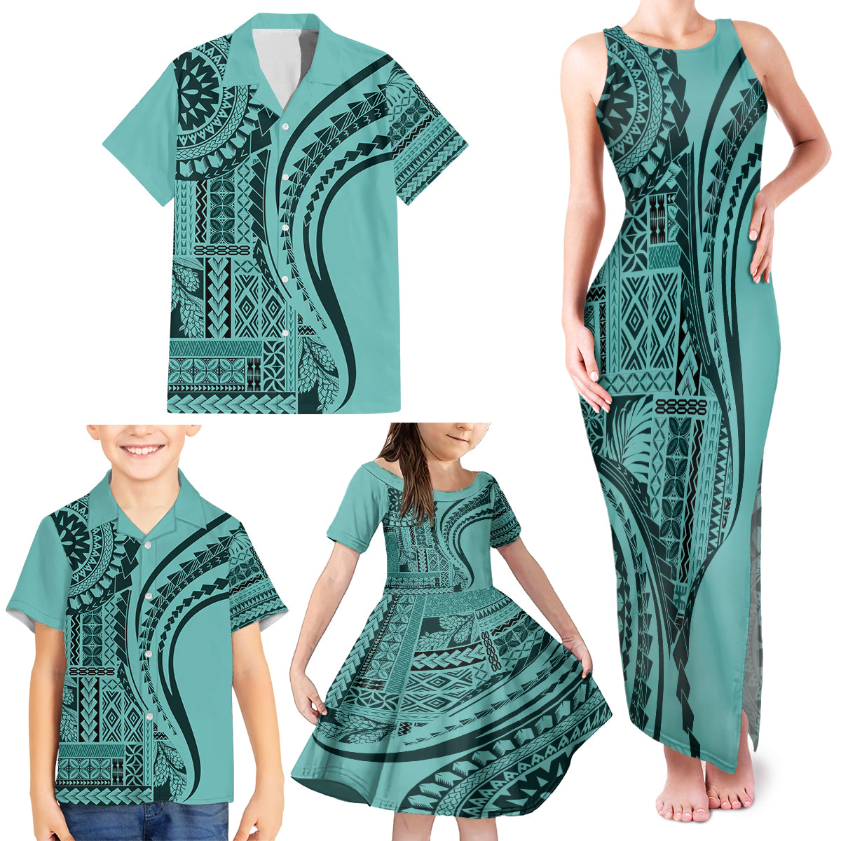 Samoa Siapo Arty Family Matching Tank Maxi Dress and Hawaiian Shirt Turquoise Style - Wonder Print Shop