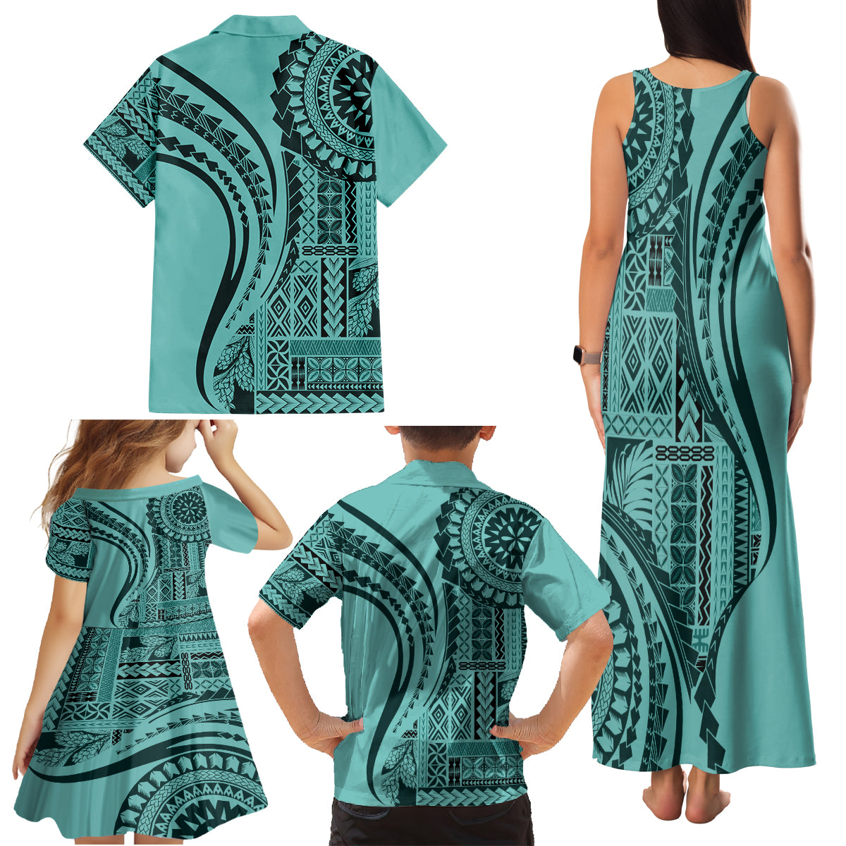 Samoa Siapo Arty Family Matching Tank Maxi Dress and Hawaiian Shirt Turquoise Style - Wonder Print Shop