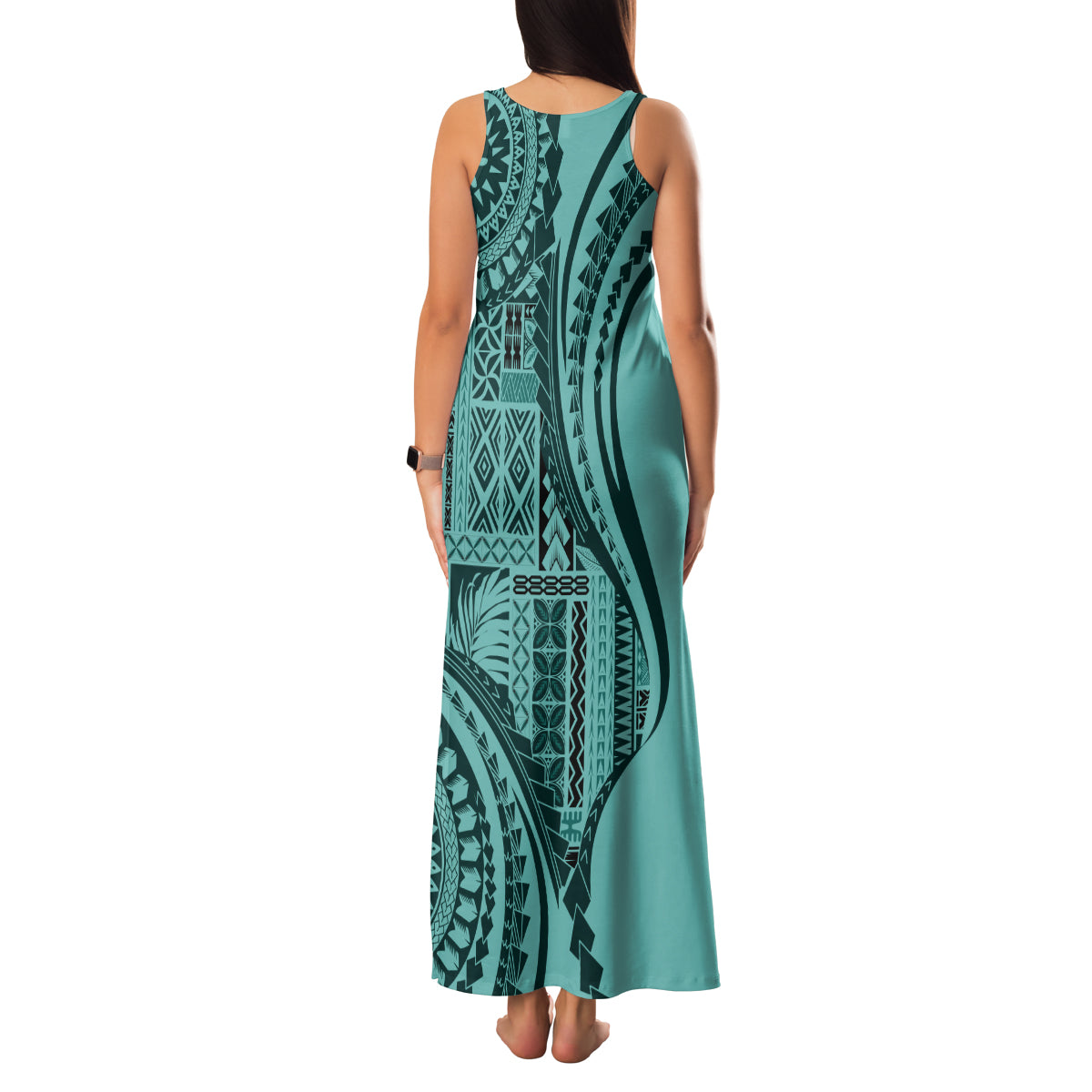Samoa Siapo Arty Family Matching Tank Maxi Dress and Hawaiian Shirt Turquoise Style - Wonder Print Shop
