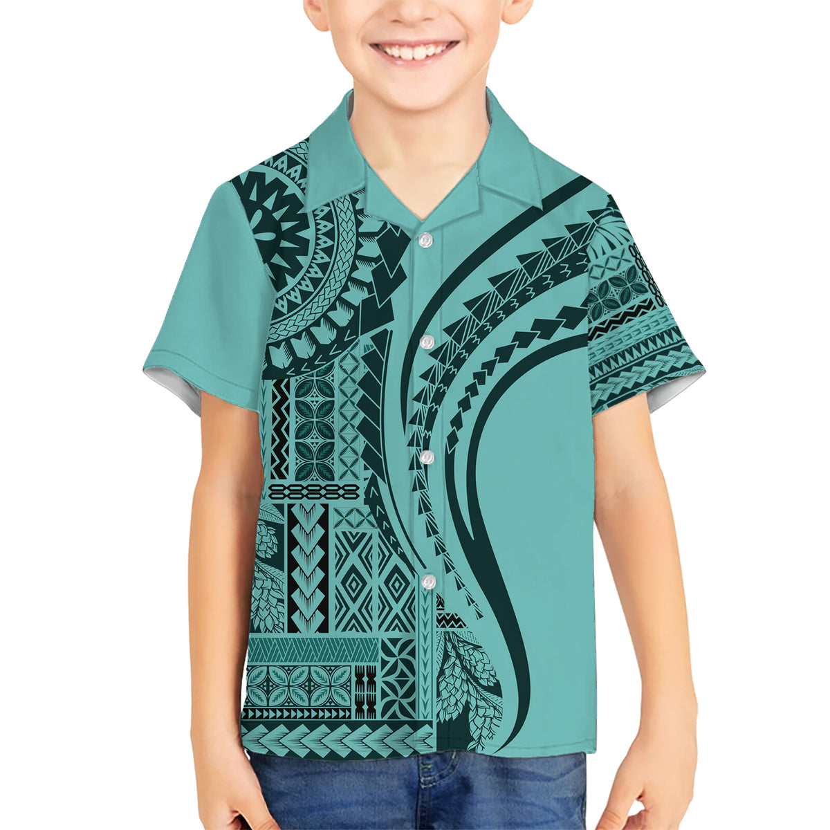 Samoa Siapo Arty Kid Hawaiian Shirt Turquoise Style - Wonder Print Shop