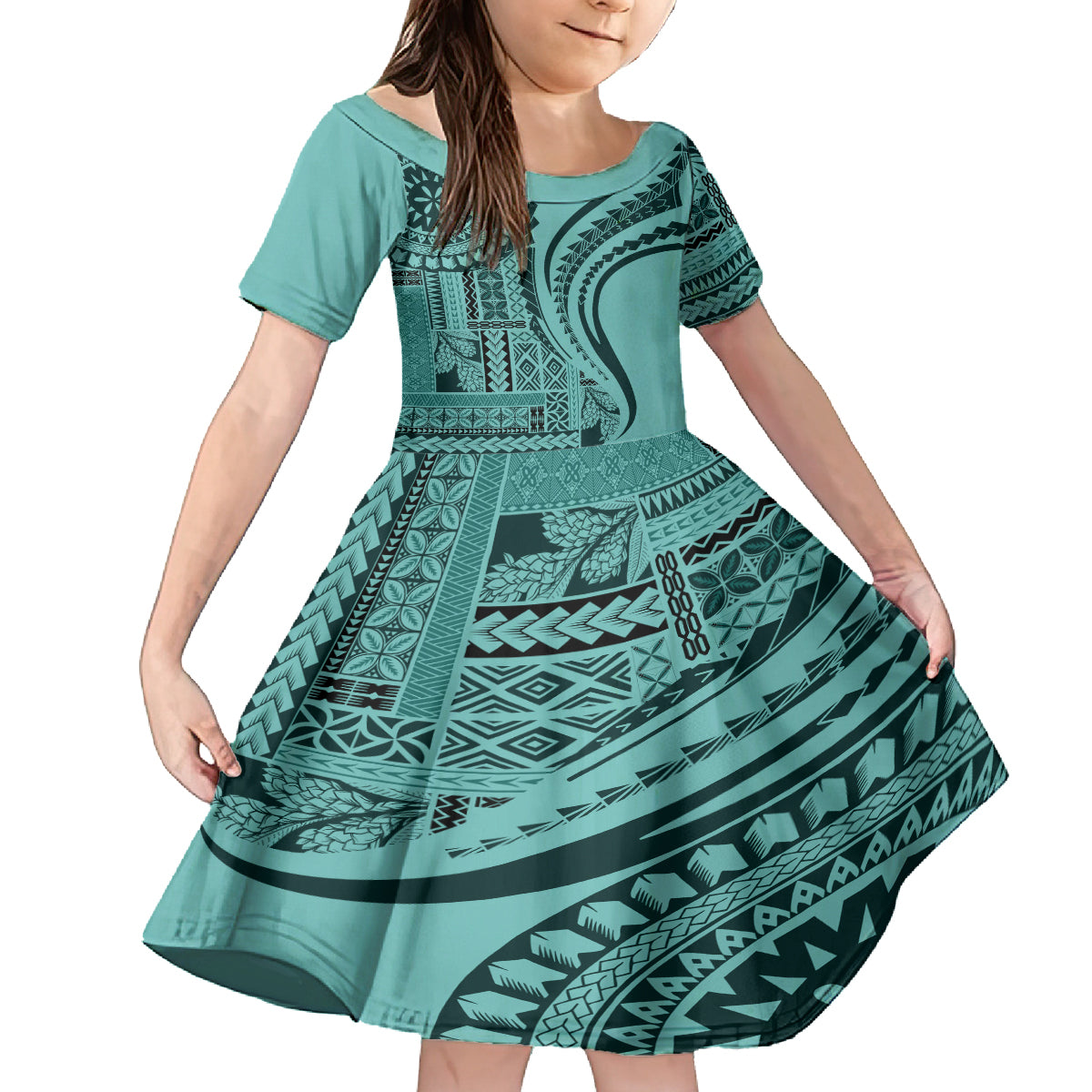 Samoa Siapo Arty Kid Short Sleeve Dress Turquoise Style - Wonder Print Shop