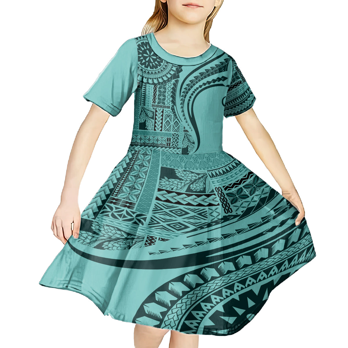 Samoa Siapo Arty Kid Short Sleeve Dress Turquoise Style - Wonder Print Shop