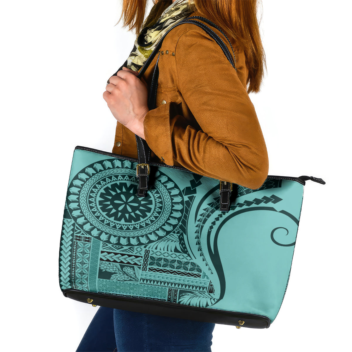 Samoa Siapo Arty Leather Tote Bag Turquoise Style - Wonder Print Shop