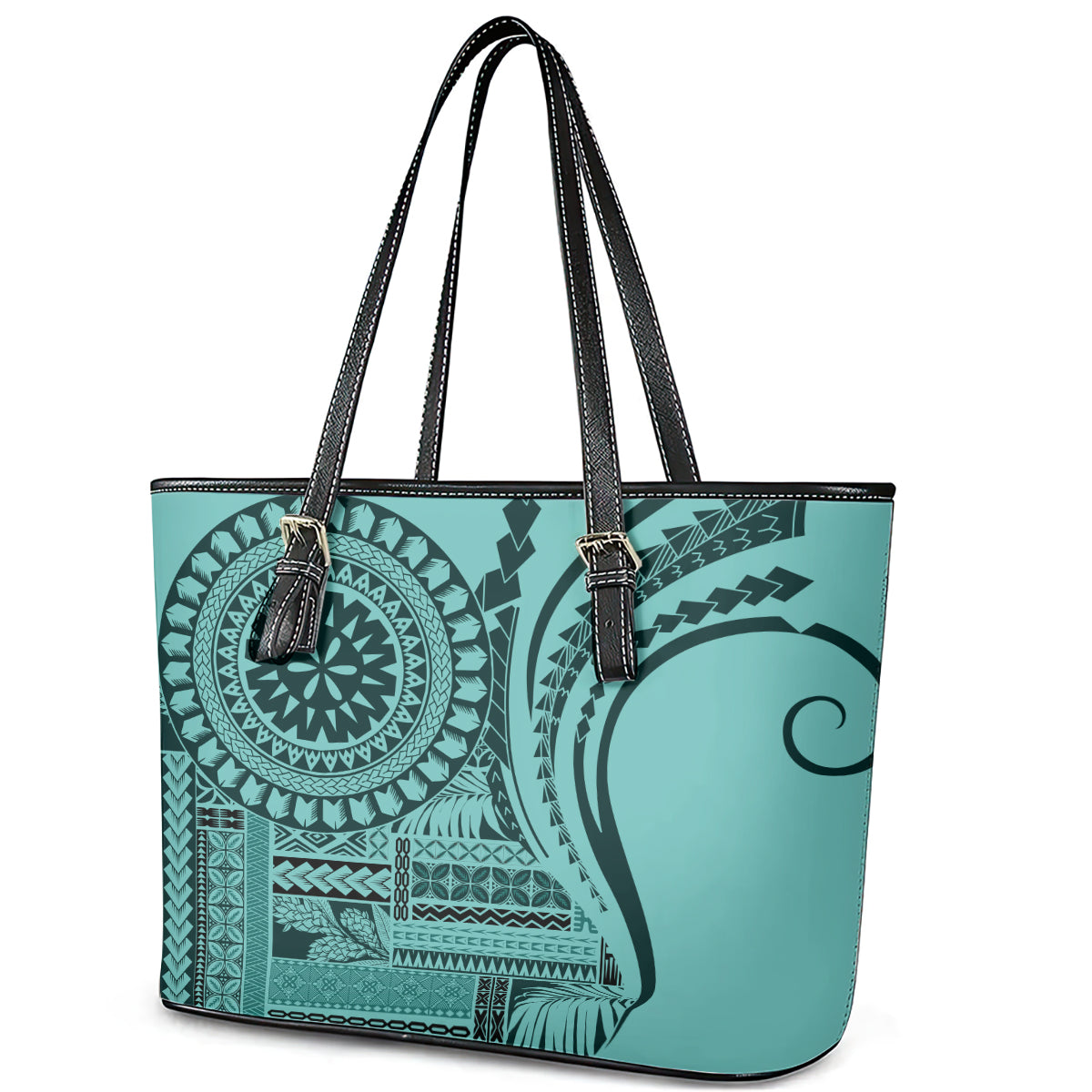 Samoa Siapo Arty Leather Tote Bag Turquoise Style - Wonder Print Shop