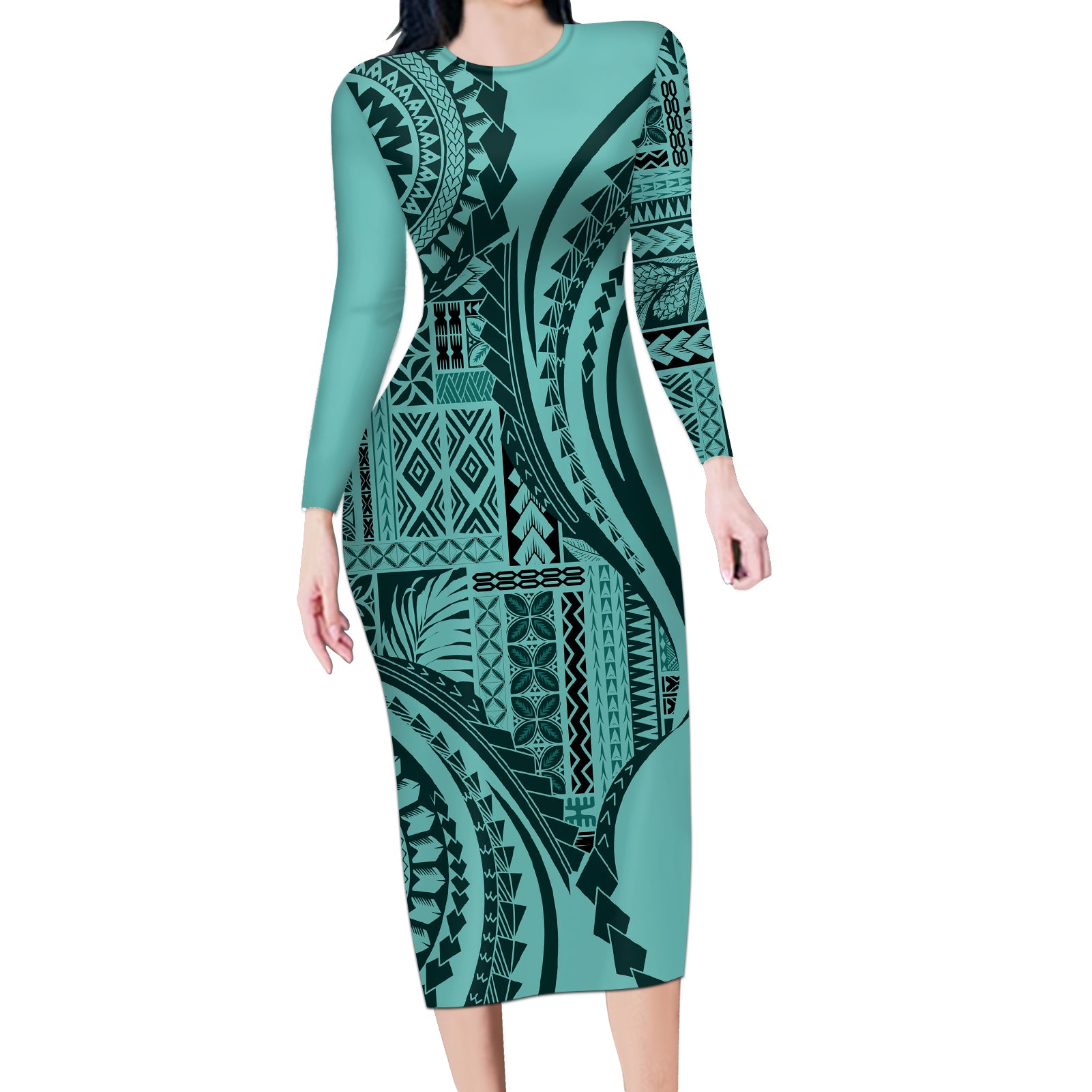 Samoa Siapo Arty Long Sleeve Bodycon Dress Turquoise Style - Wonder Print Shop