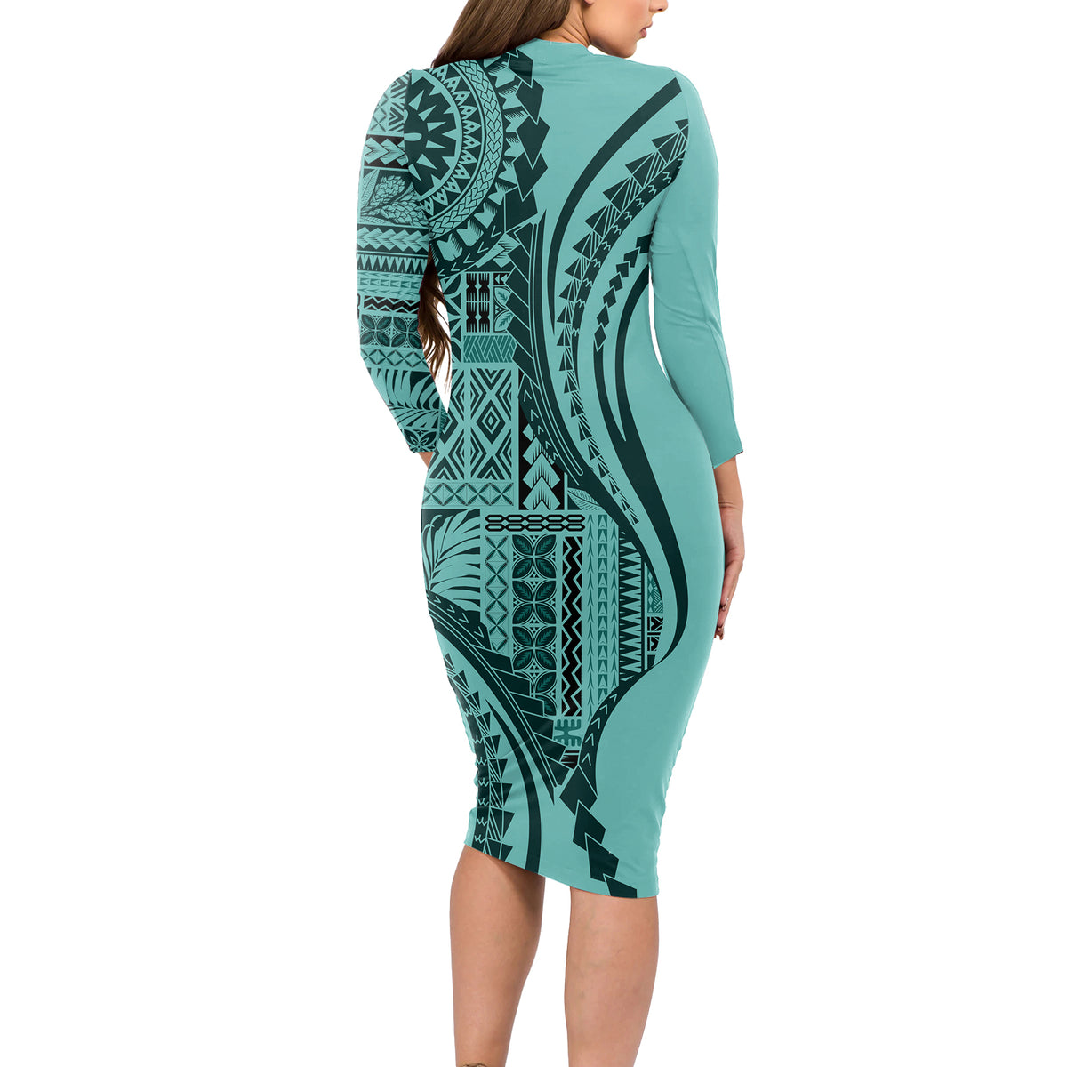 Samoa Siapo Arty Long Sleeve Bodycon Dress Turquoise Style - Wonder Print Shop