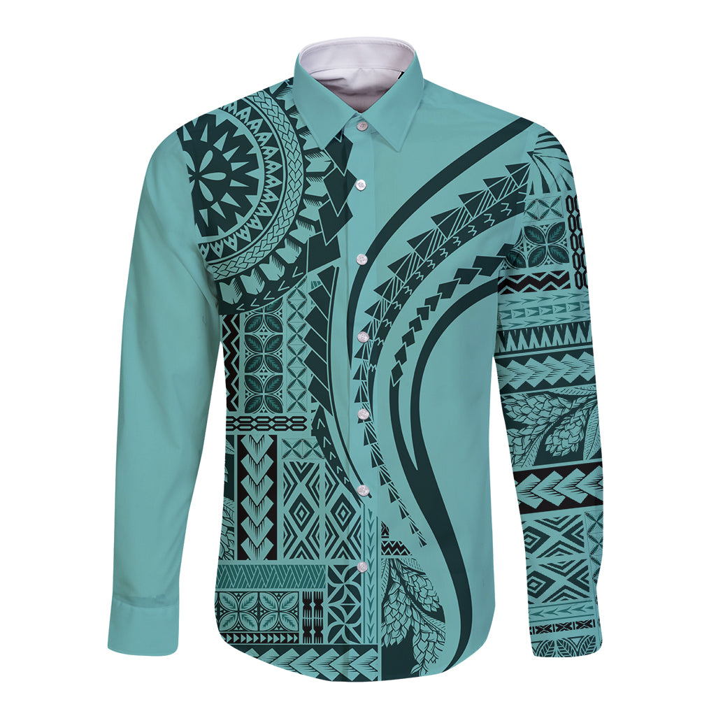 Samoa Siapo Arty Long Sleeve Button Shirt Turquoise Style - Wonder Print Shop