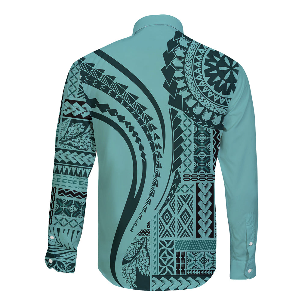 Samoa Siapo Arty Long Sleeve Button Shirt Turquoise Style - Wonder Print Shop