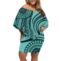 Samoa Siapo Arty Off Shoulder Short Dress Turquoise Style - Wonder Print Shop