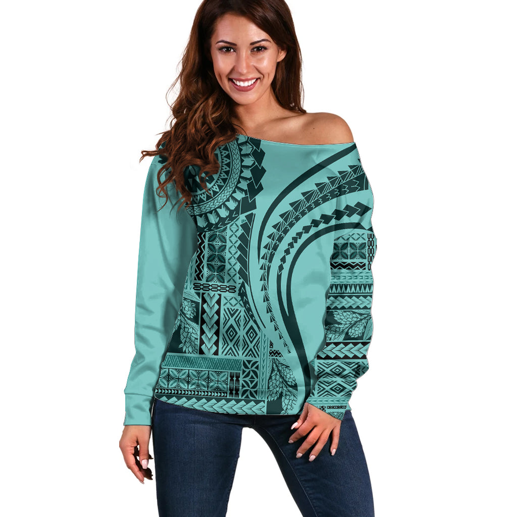 Samoa Siapo Arty Off Shoulder Sweater Turquoise Style - Wonder Print Shop