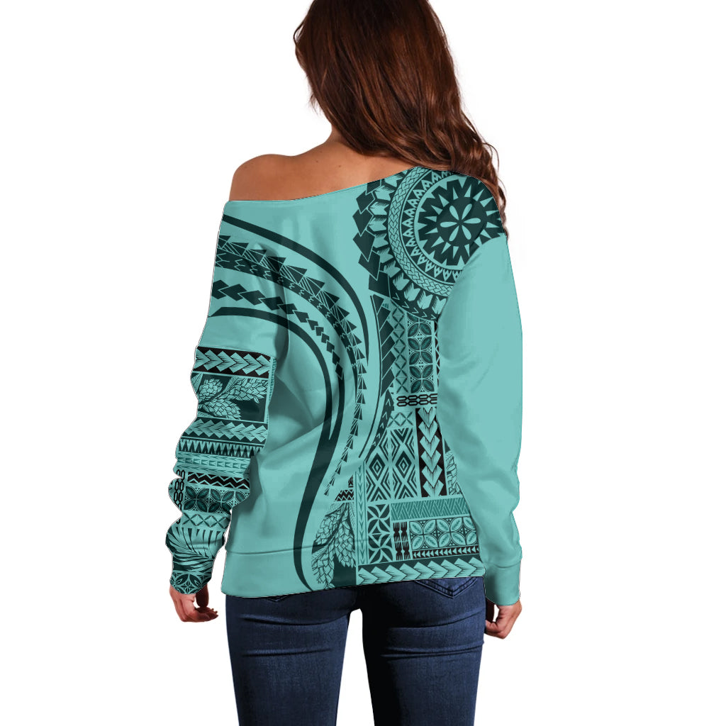 Samoa Siapo Arty Off Shoulder Sweater Turquoise Style - Wonder Print Shop