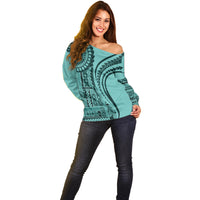 Samoa Siapo Arty Off Shoulder Sweater Turquoise Style - Wonder Print Shop