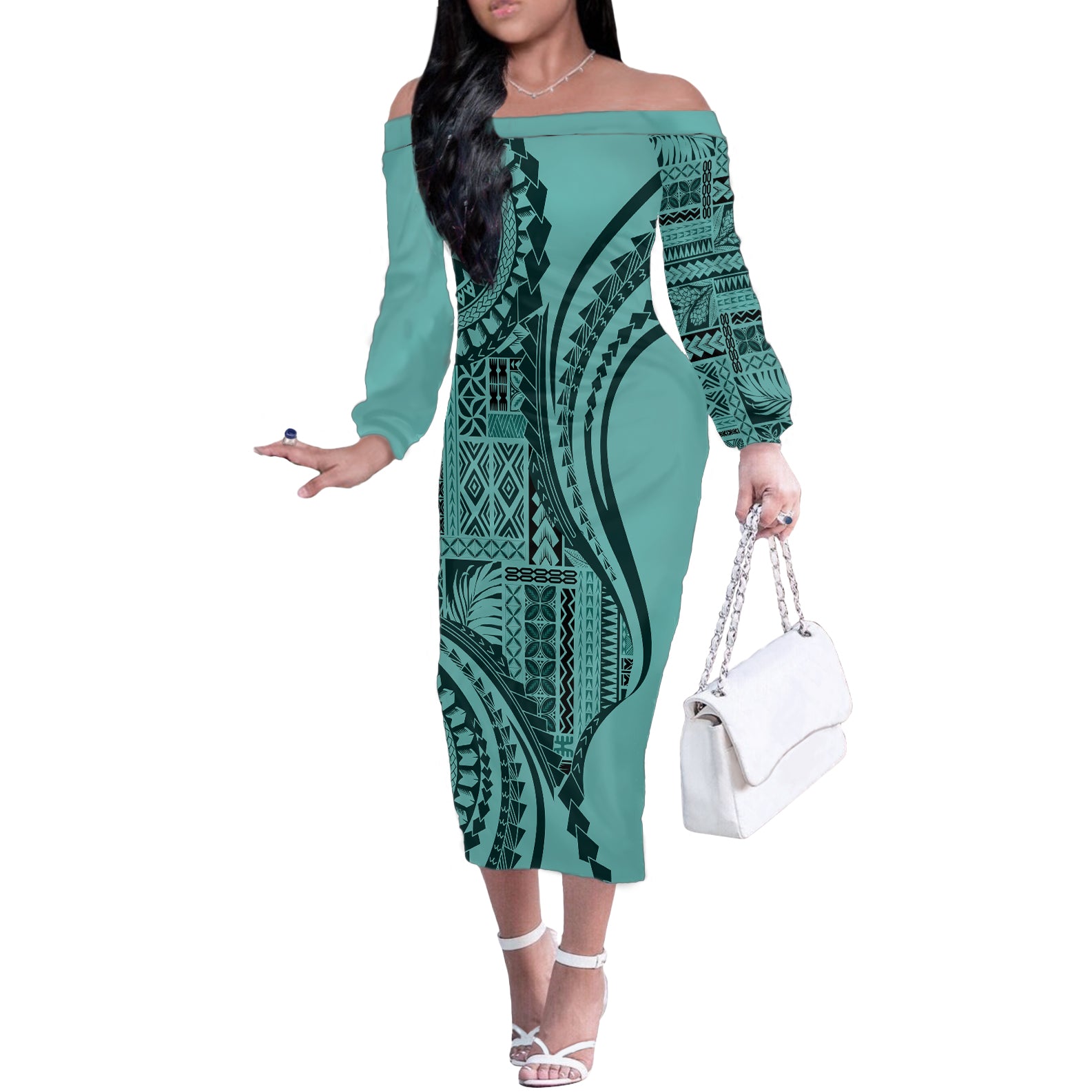 Samoa Siapo Arty Off The Shoulder Long Sleeve Dress Turquoise Style - Wonder Print Shop